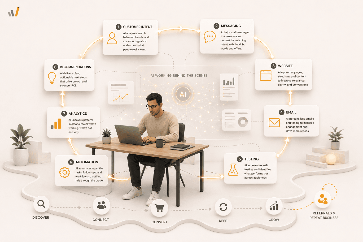 A marketer works at a laptop while AI runs behind the scenes, supporting eight connected stages arranged in a loop around him: customer intent, where AI analyzes search behavior, trends, and signals to understand what people really want; messaging, where it crafts words and offers that match that intent; website, where it improves page structure, relevance, and conversions; email, where it personalizes content and timing to earn more replies; testing, where it accelerates A/B tests and identifies what performs best; automation, where it handles repetitive tasks and follow-ups so nothing falls through the cracks; analytics, where it uncovers what is working and why; and recommendations, where it delivers clear next steps that drive growth and stronger ROI. Beneath them runs the customer journey those stages serve: discover, connect, convert, keep, grow, and finally referrals and repeat business.