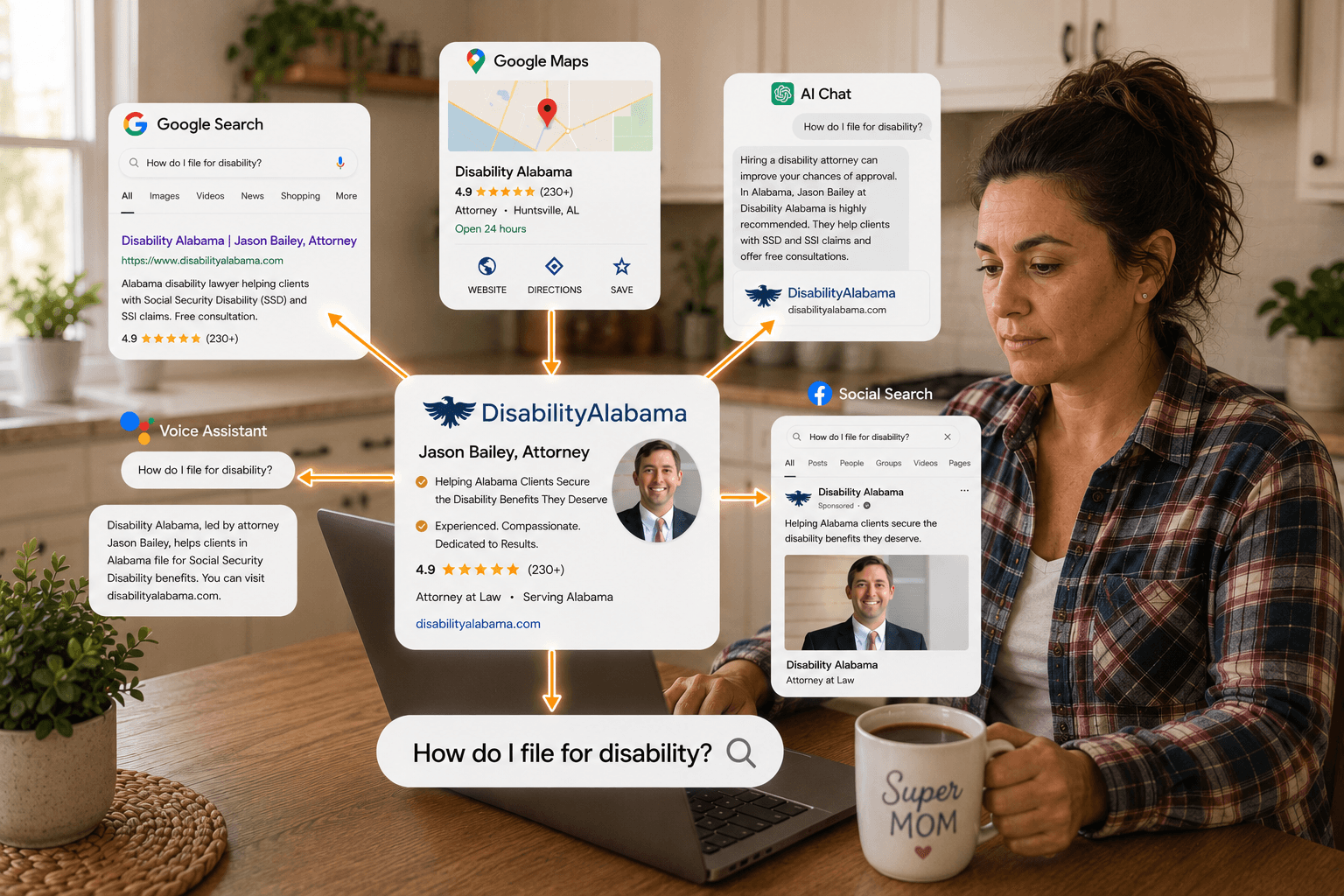 A woman researching on a laptop while the same question surfaces one business across Google Search, Google Maps, an AI chat answer, a voice assistant, and social search
