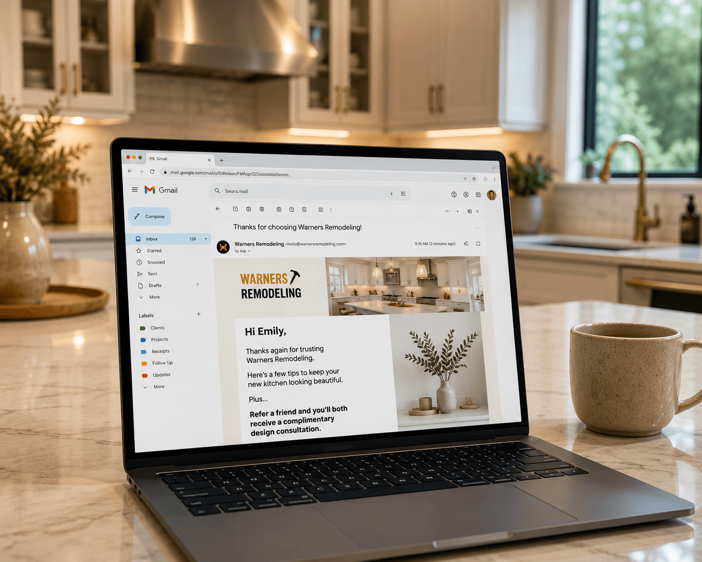 A laptop on a kitchen counter showing a branded follow-up email to a past customer with care tips and a referral offer for a complimentary design consultation