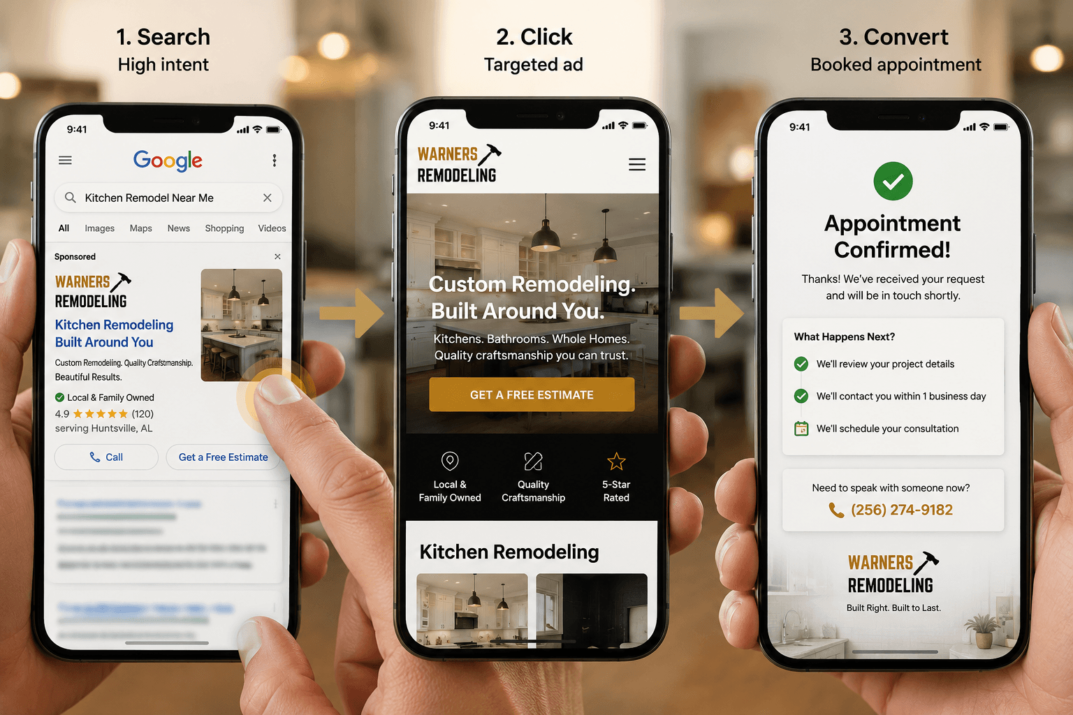 Three phone screens showing the path from a high-intent Google search, to a targeted remodeling ad landing page, to a confirmed appointment booking