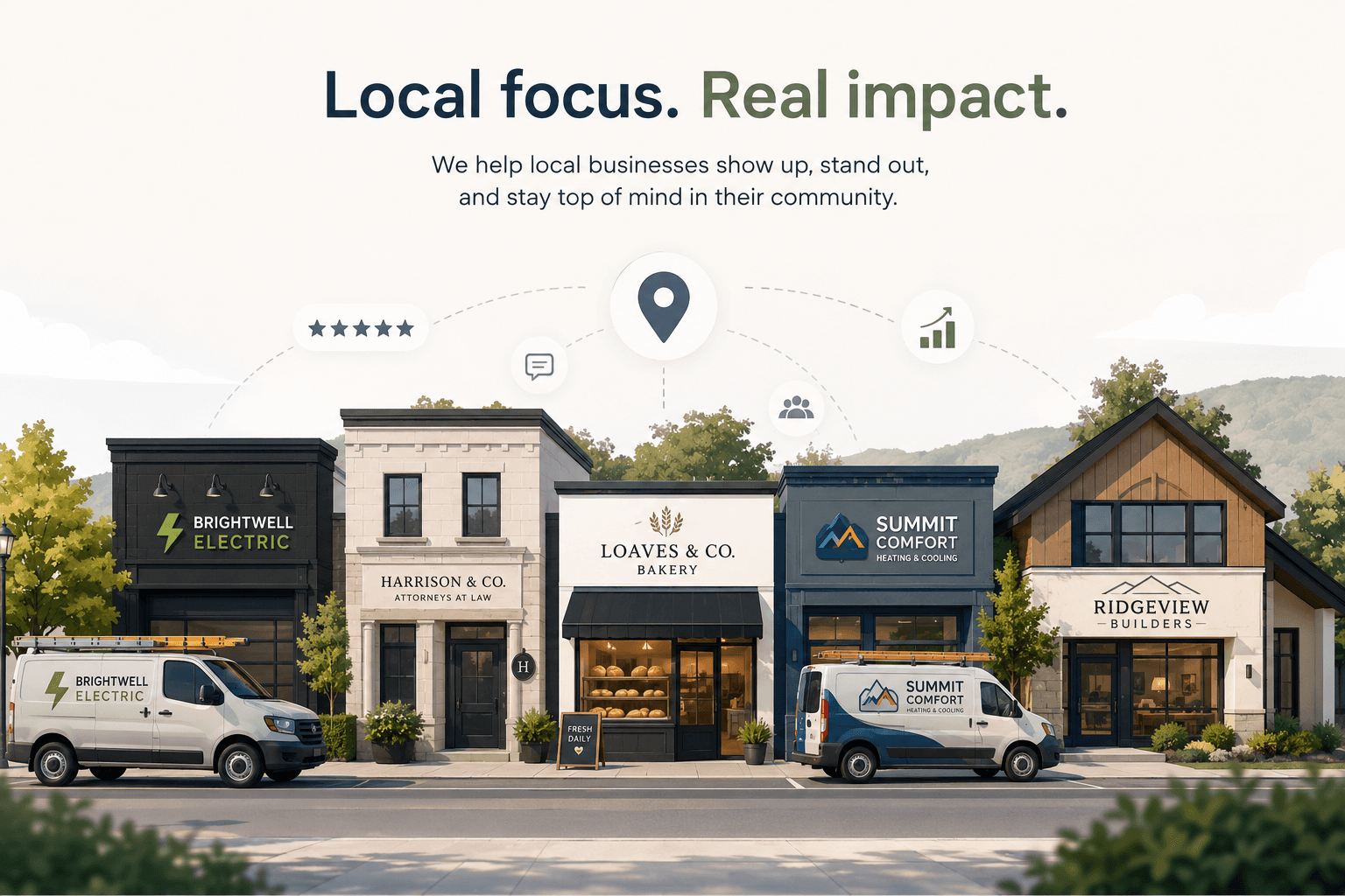 Illustration of a local business street with electric, law, bakery, HVAC and builder storefronts connected by reviews, messages and growth icons