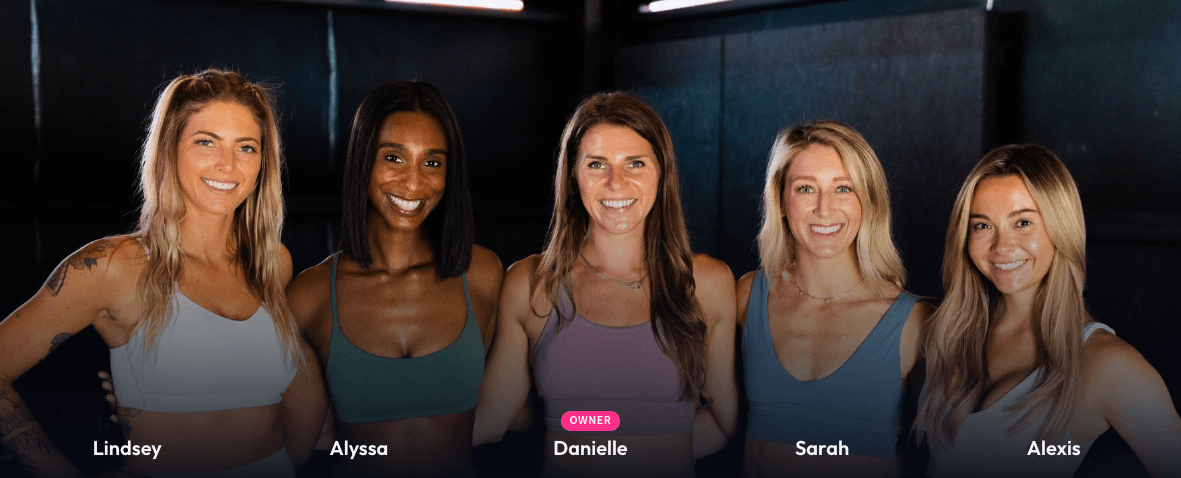 The instructor team of a boutique fitness studio smiling together in the studio, each labeled with their first name
