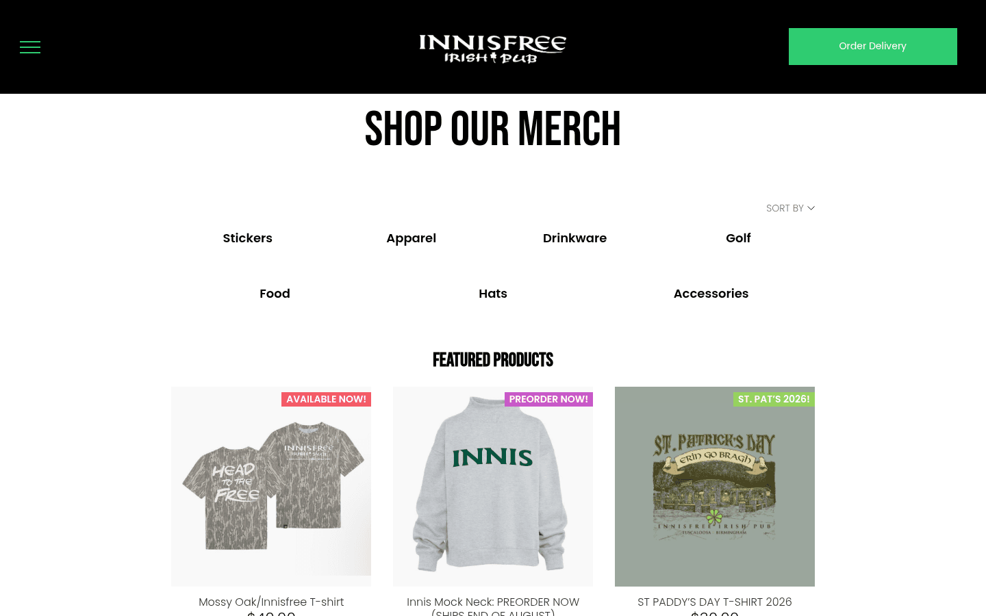The Innisfree Irish Pub merchandise store at innisfree.bar/merchandise, headlined "Shop Our Merch" with Stickers, Apparel, Drinkware, Golf, Food, Hats, and Accessories categories above featured products including a Mossy Oak t-shirt, an Innis mock neck, and a 2026 St. Patrick's Day shirt.