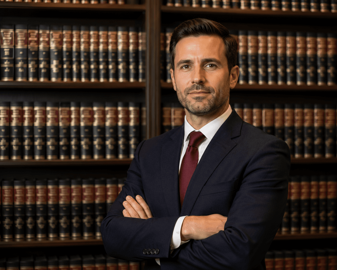 An attorney in a navy suit standing with arms crossed in front of a law library of bound volumes