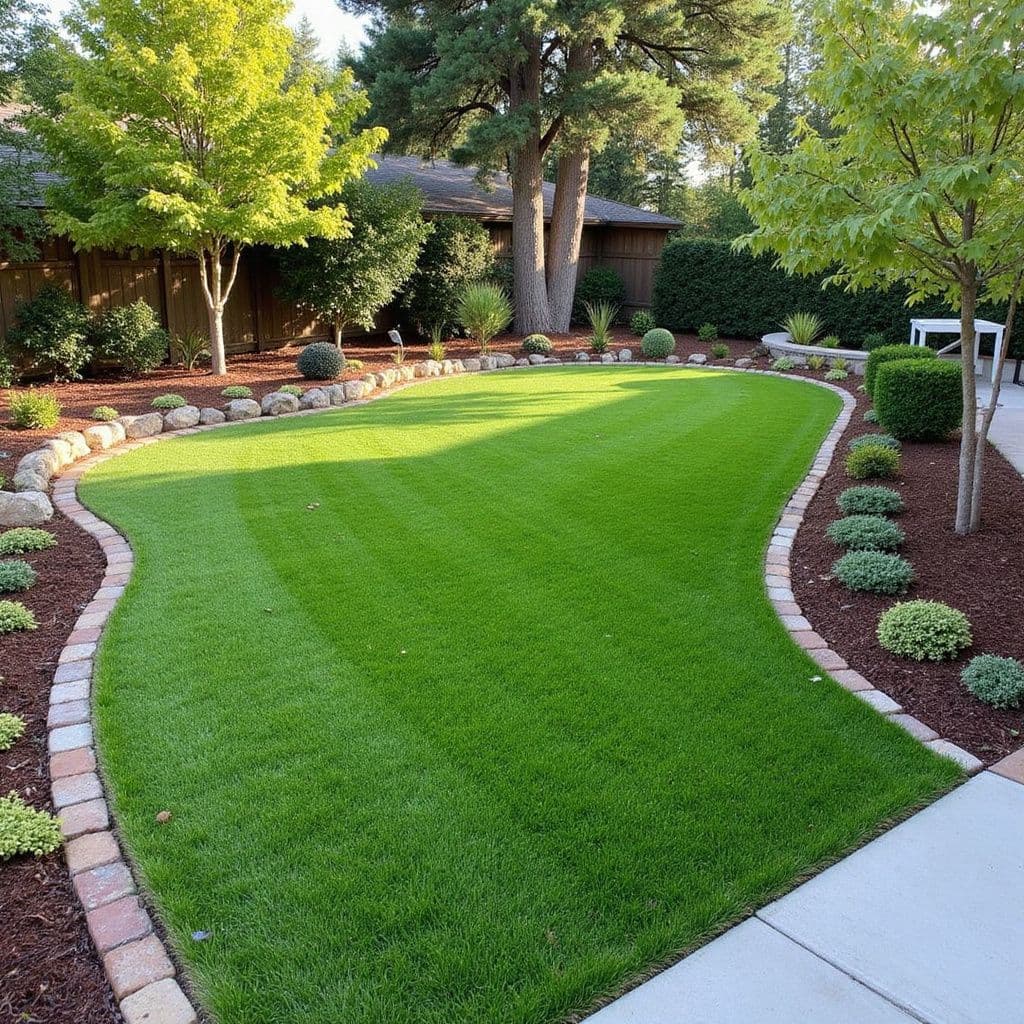 A freshly manicured backyard lawn with paver edging and landscaped mulch beds completed by a local home services crew