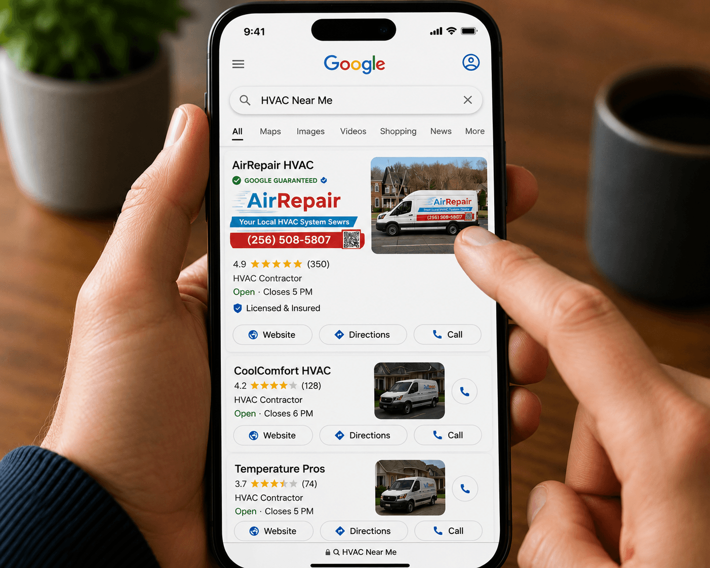A customer searching Google for HVAC near me on a phone, with a top-ranked local contractor showing a Google Guaranteed badge, 4.9 star rating, and call, website, and directions buttons above lower-rated competitors