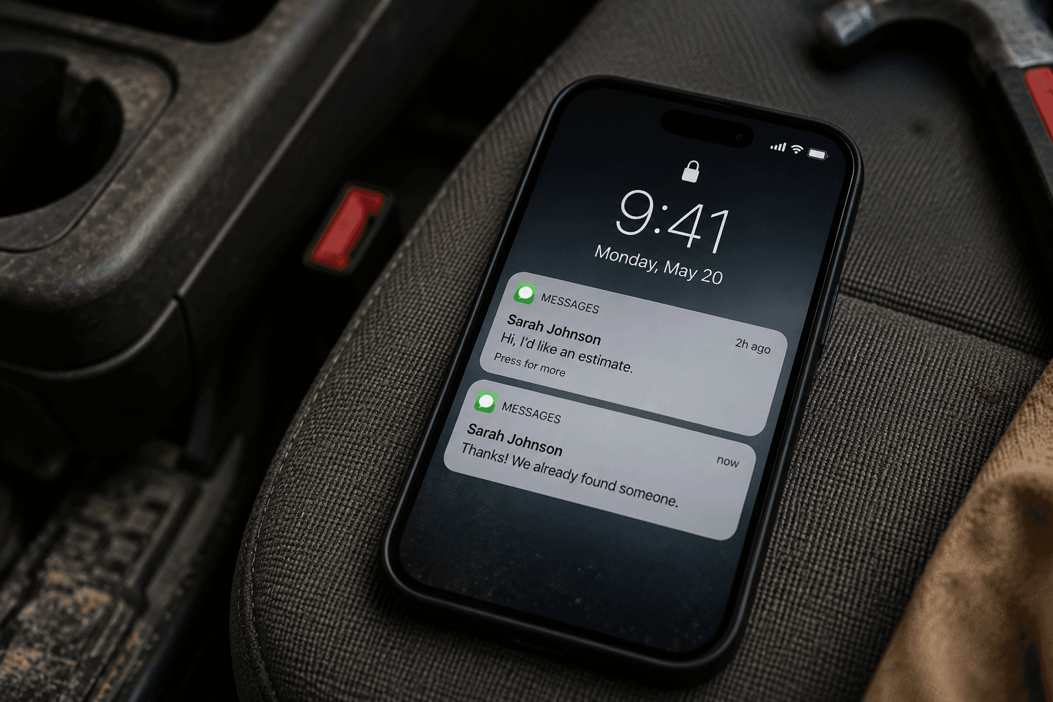 A phone on a work truck seat showing two missed text notifications from a customer: a request for an estimate two hours ago, then a message saying they already found someone else