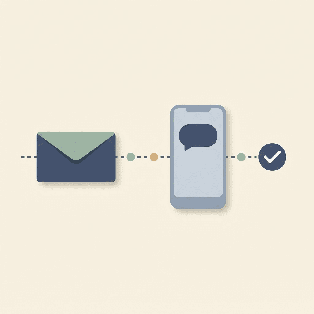 An envelope and a phone message bubble placed along a dashed follow-up timeline ending in a checkmark.