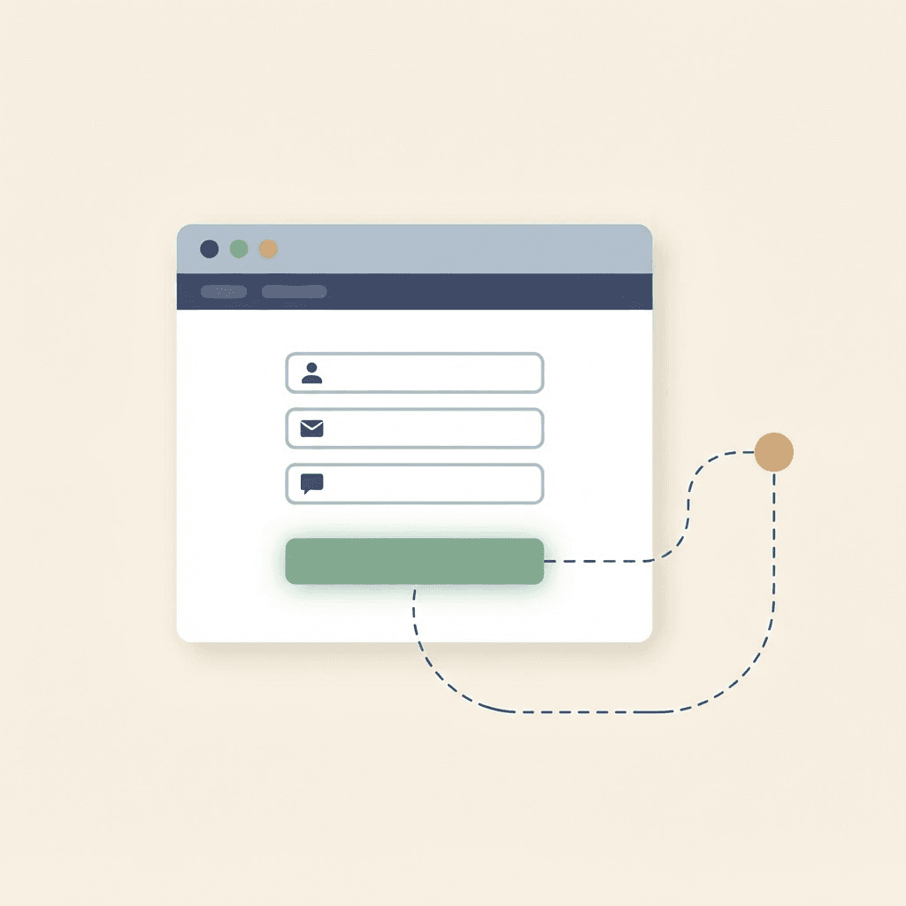 A browser window with a short contact form and highlighted submit button, a dashed line carrying the submission out to a connected node.